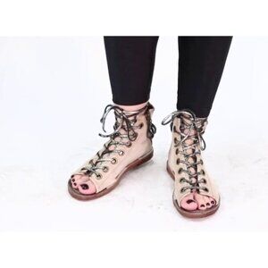 A.S.98 REGAL RHETT GLADIATOR TAN SILVER LEATHER LACE UP SANDALS FLATS 37 7 M LN